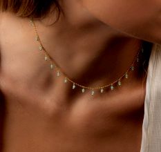 Amazonite beaded choker necklace for women, Brass with 22k gold plated chain necklace, Handmade jewelry